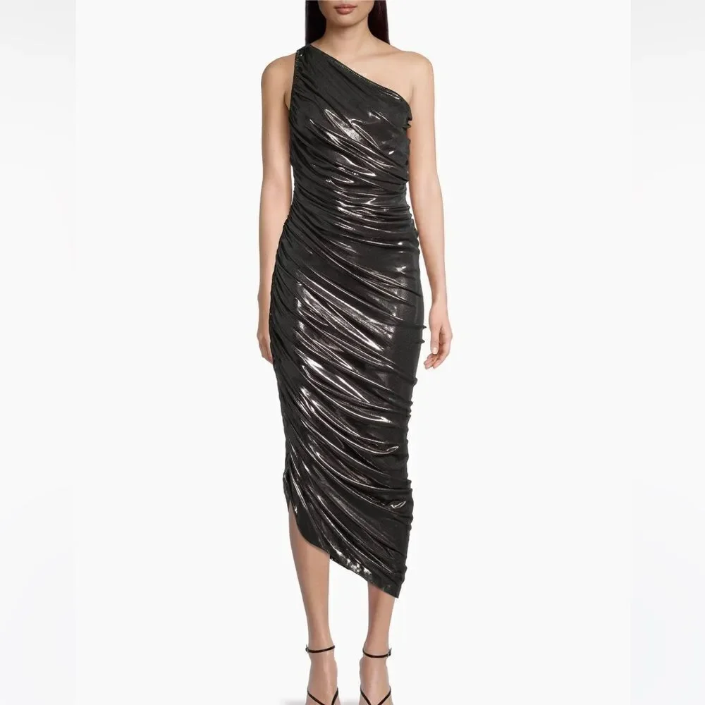NWT Norma Kamali Diana Metallic Ruched One-Shoulder Gown Small